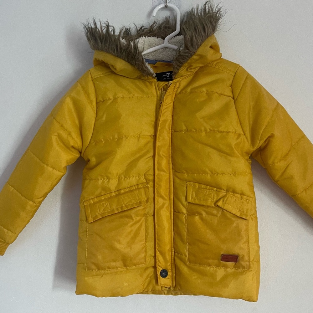 7 For All Mankind Yellow Puffer Jacket with Faux Fur Hood